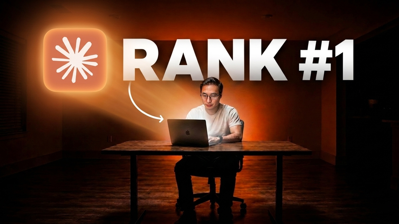 A thumbnail generated by the system: RANK #1 in bold letters with an arrow, the creator at a laptop